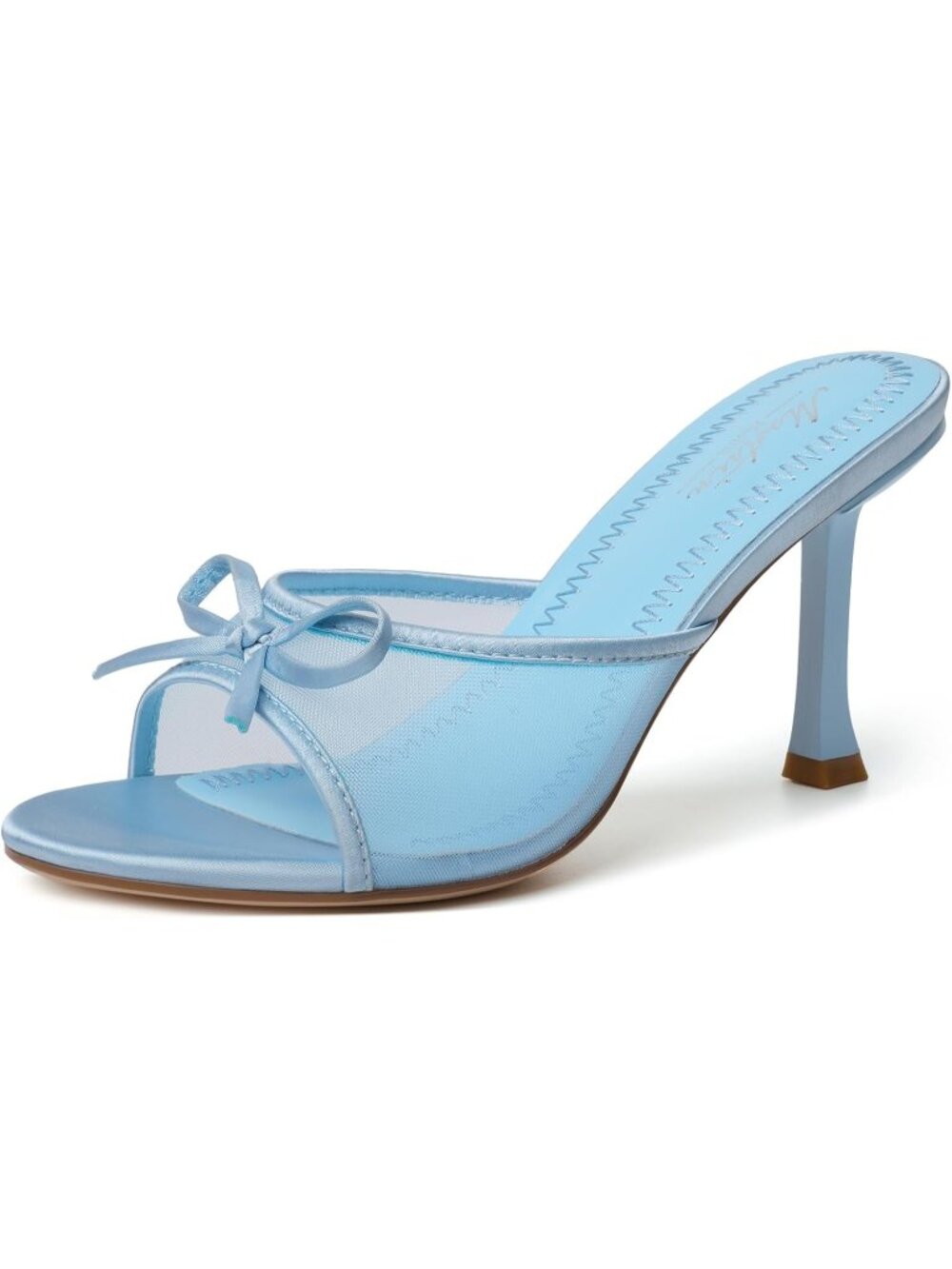 Women's Blue Round Toe Heels With Bow Vintage Mule Slip on Stiletto Backless